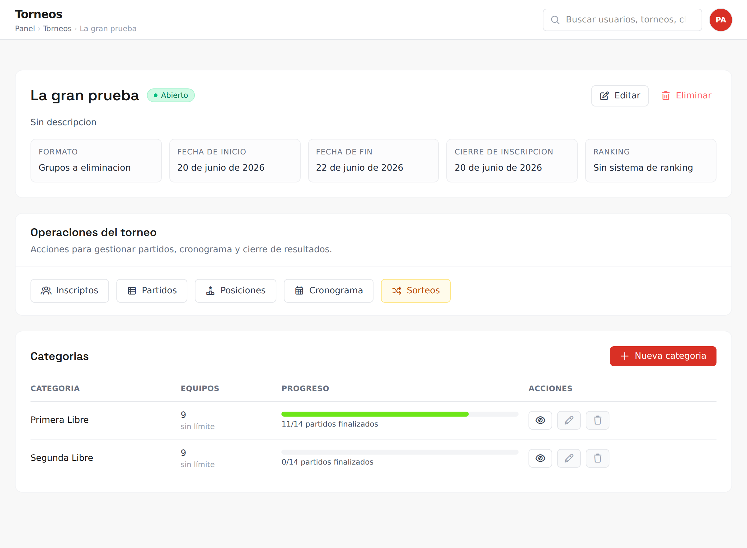 Vista de un torneo en Sportware con sus categorías y progreso de partidos