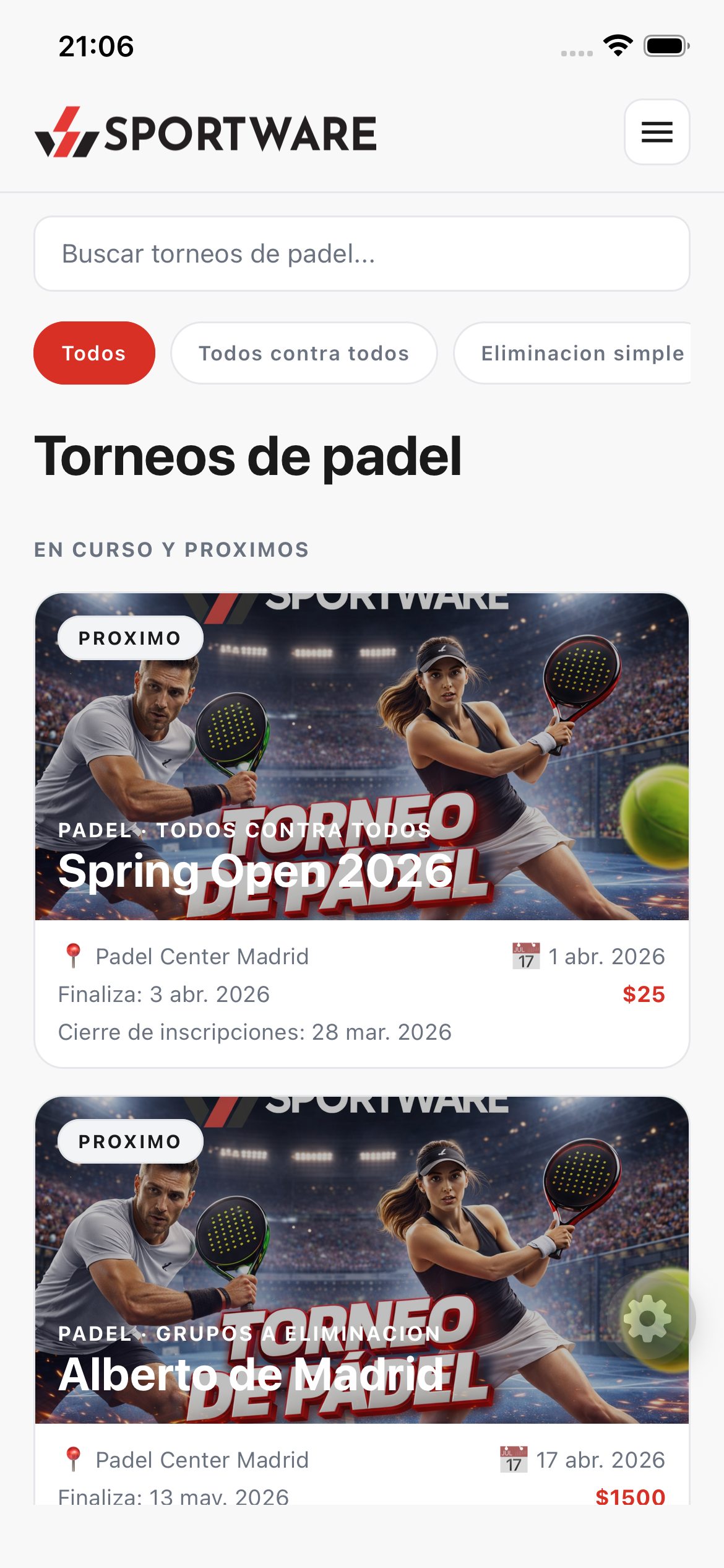 Captura de la app móvil de Sportware mostrando torneos de padel para jugadores